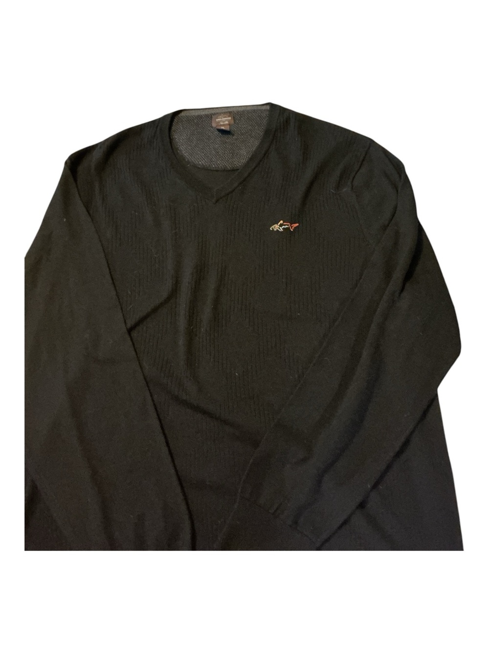 Greg Norman Collection Black V-Neck Sweater with Embroidered Shark Logo